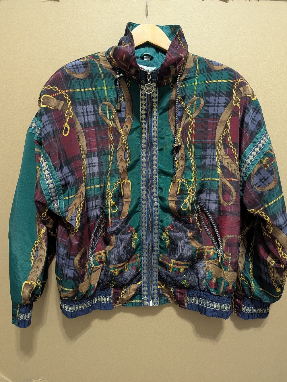 VTG Jessica Stevens Plaid Dog Collar Print Bomber Jacket Equestrian Luxe Large